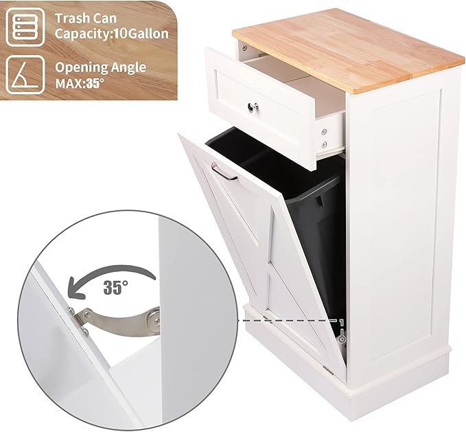 TOLEAD 10 Gallon Tilt Out Trash Can Cabinet Wooden Hidden Trash Cabinet with Solid Wood Top & Drawer, Farmhouse Kitchen Garbage Bin Enclosure Pet Proof Laundry Hamper for Kitchen, Bathroom White