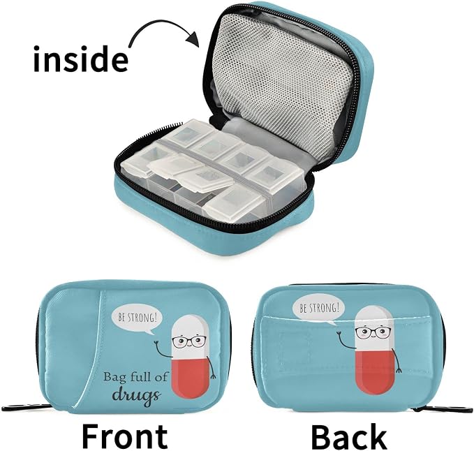 Naanle Cute Cartoon Pill Box 7 Day Case Bag Travel Organizer with Zipper Portable Weekly Compact Size for Vitamin Supplement Holder A Cartoon Blue Red 4.6 x 3.14 x 1.88 Inch