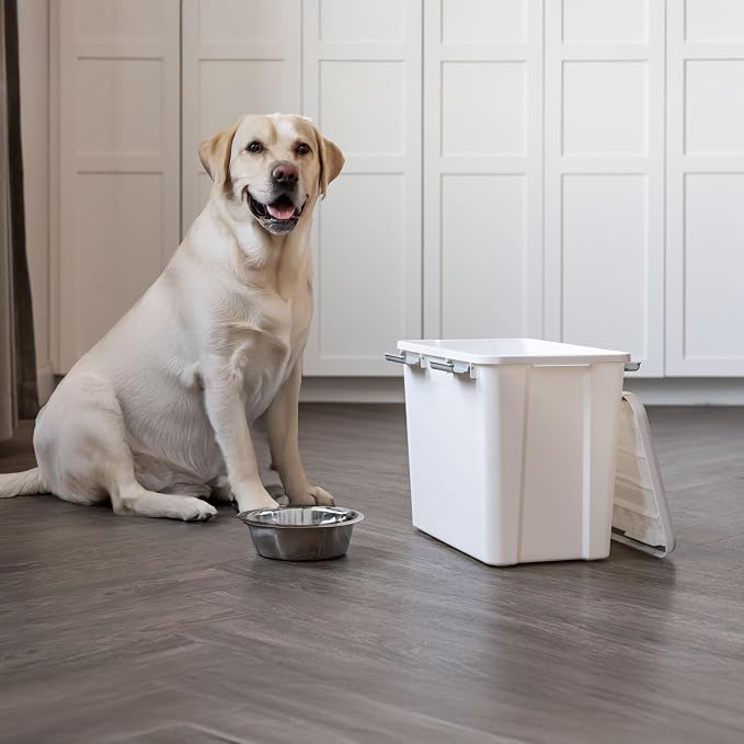 IRIS USA Dog Food Storage Container, Up to 30 lbs, White, Made in USA | Includes 2-Cup Sccop, Stacklable, BPA-Free, 4 Secure Latches, Bird Seed, Chicken Feed, Pellets, Camping