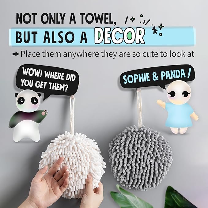 Sophie & Panda Fuzzy Ball Towel (Set of 2) Creamy and Brown - Dry Your Hand conveniently with This Creative Bath Towel Set Decorative Towels for Bathroom (Pack of 2)