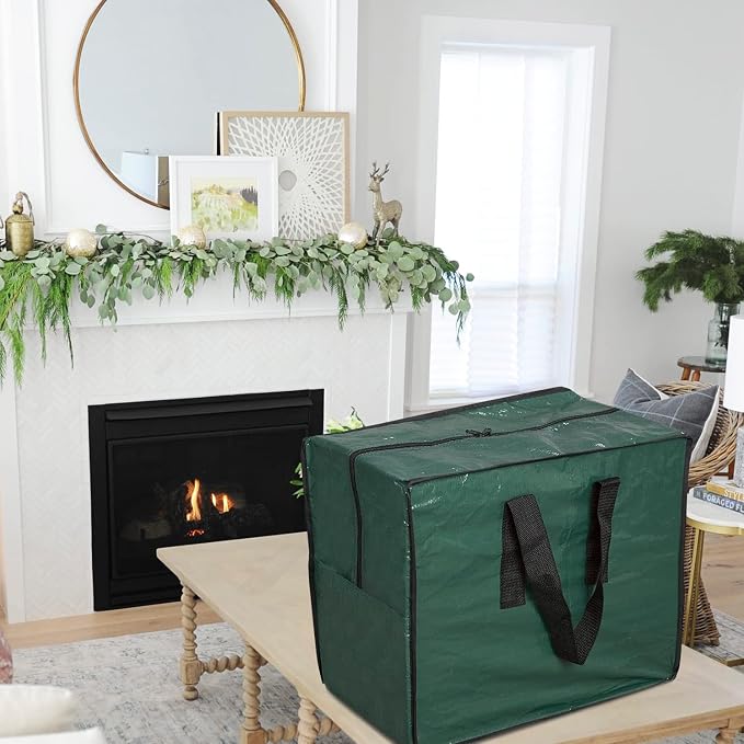 Christmas Ornaments Storage, Holiday Accessories Bag Tear-Proof Tarp 18 X 10 X 15 with Handles and Full Length Zipper (Green)