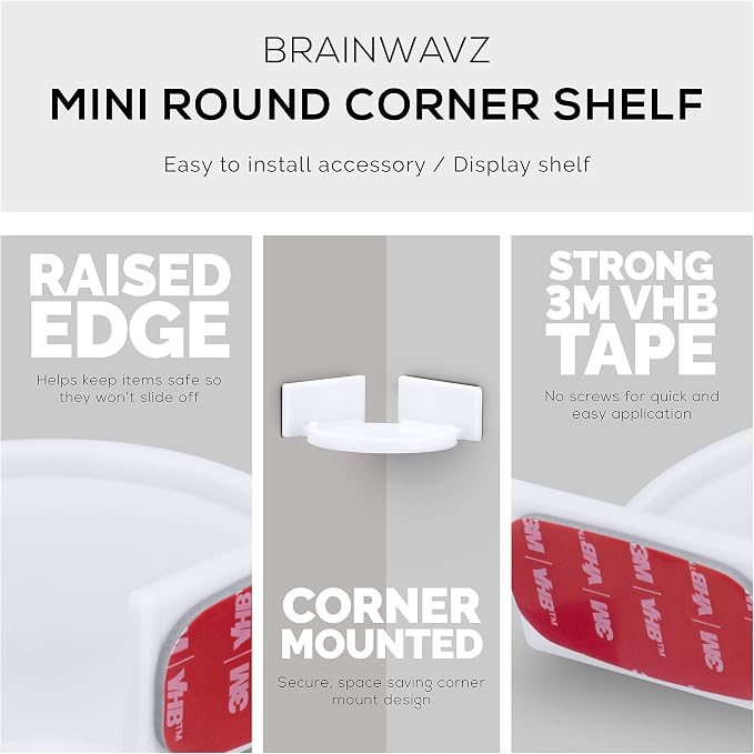 BRAINWAVZ Mini Circular Corner Shelf Mount for Security Cameras, Baby Monitors, Speakers, Plants & More, Universal Holder, Strong Adheasive, No Mess, Screwless (White)