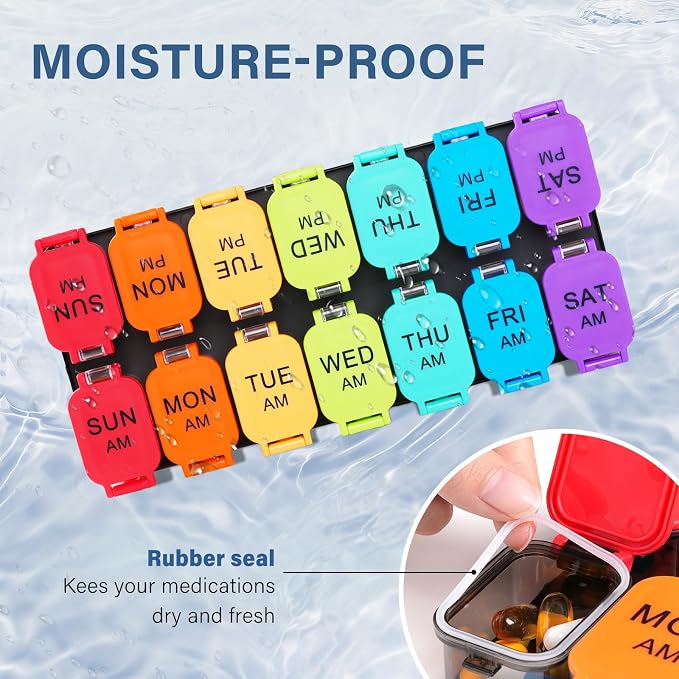 Yaklim Extra Large Weekly Pill Organizer, Detachable 7 Day AM PM Pill Box | XXL 14 Detachable AM PM Compartments；For Big Vitamins & Supplements； Easy to Open & Fill； Waterproof Seals； Easy Readability
