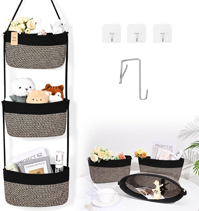 Hanging Basket, 3-Tier Woven Wall Basket with 4 Hooks, Cotton Rope Storage Baskets, Over the Door Organizer for Nursery, Bedroom, Cottage and Boho Wall Decor