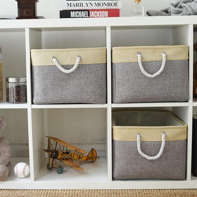 Storage Bins Baskets for Organizing - Extra Jumbo 3 Pack 20.5Lx15.7Wx13.8H Sturdy Fabric Storage Basket for Shelves, Decorative Foldable Closet Nursery Toy (Gold&Grey)