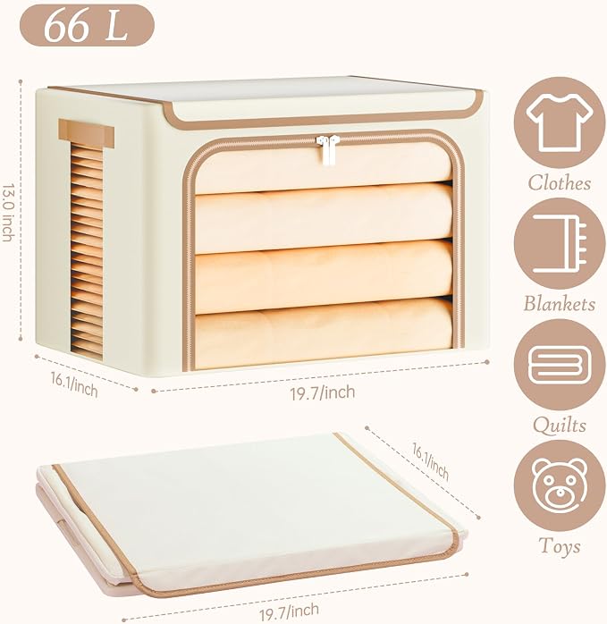 Yecaye Foldable Large Clothes Storage Bins with Lid, Beige, 66L, 3 Pack | Metal Frame, Stackable Organizer Box Clear Window & PU Leather Handles