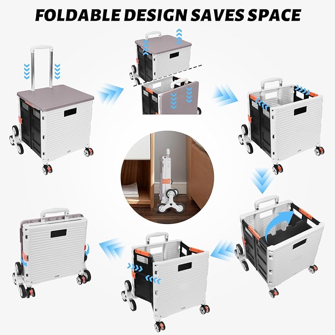 FELICON SELORSS Folding Utility Climber Cart Portable Rolling Crate-White | Stair Climbing Wheels+360°Swivel Wheels,Telescoping Handle,Plastic Box Dolly for Travel Shop Move Laundry Office Teacher Use