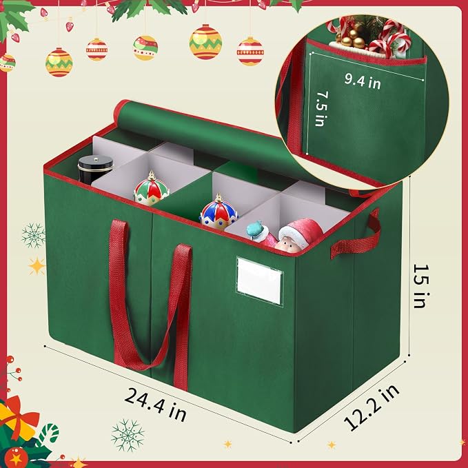 EverMerry Nutcracker and Figurine Collectibles Storage Box， Large Ornament Storage Organizer Stores Up to 8 Holiday Figurines-Carolers, Santa Figure, or Nut Cracker Ornaments (Green/15 Inches)