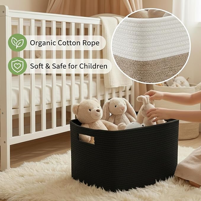 JMvicyroam 65L Large Woven Cotton Rope Blanket Basket, Black | Blanket storage for living room or bedroom use, Freestanding with reinforced handles, Entire basket is machine washable