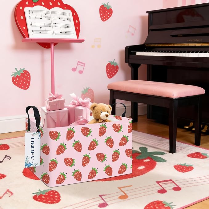 Rectangular Fabric Storage Bin, Foldable Strawberry print Basket | Damp-proof canvas with reinforced stitched handles.Great for clothes,books and sundries in closets,playrooms,laundry rooms.
