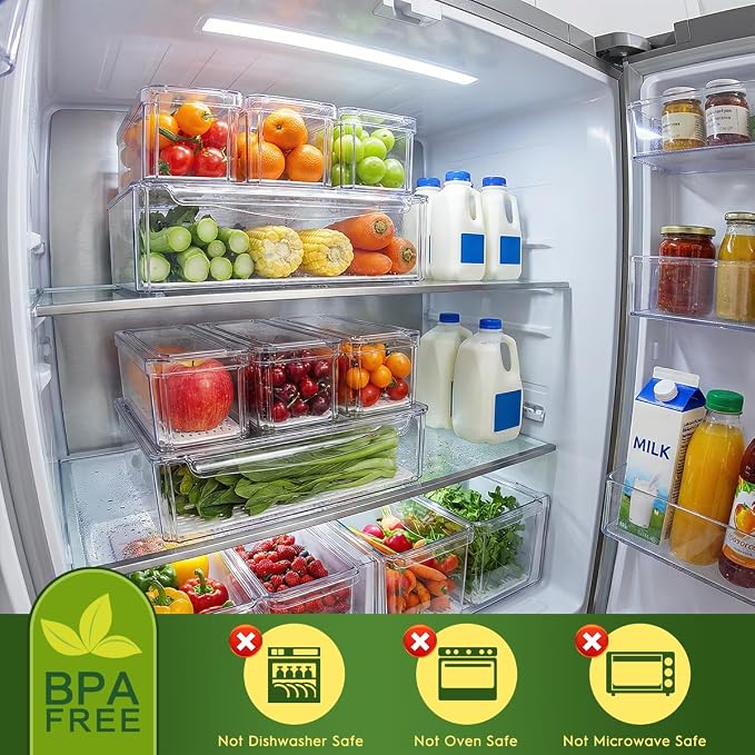ZIJUND 4 Packs Fridge Organizers and Storage, Refrigerator Organizer Bins | Stackable BPA-Free Refrigerator Organizers and Storage Containers for Fruit, Vegetable, Food, Drinks, Cereals, Clear