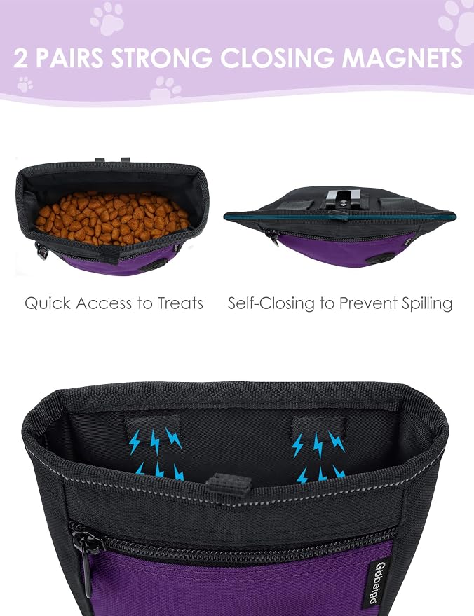 2 Cup Dog Treat Pouch with Training Clicker(Black/Purple) | 2 Pair Magnetic Closures, Zipper Pocket with Poop Bag Holder, Waist Belt & Metal Clip to Wear for Pet Training/Daily Walking