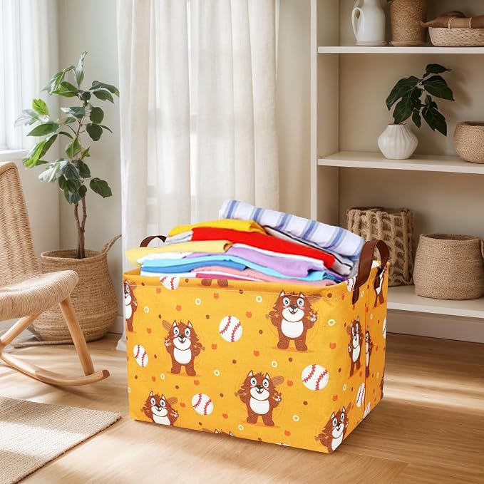 Kid Cute Storage Basket Baby Gift Basket Collapsible Rectangle Canvas Storage Bin for Nursery Playroom Bedroom Decor Organizer (Cartoon Bear Baseball)