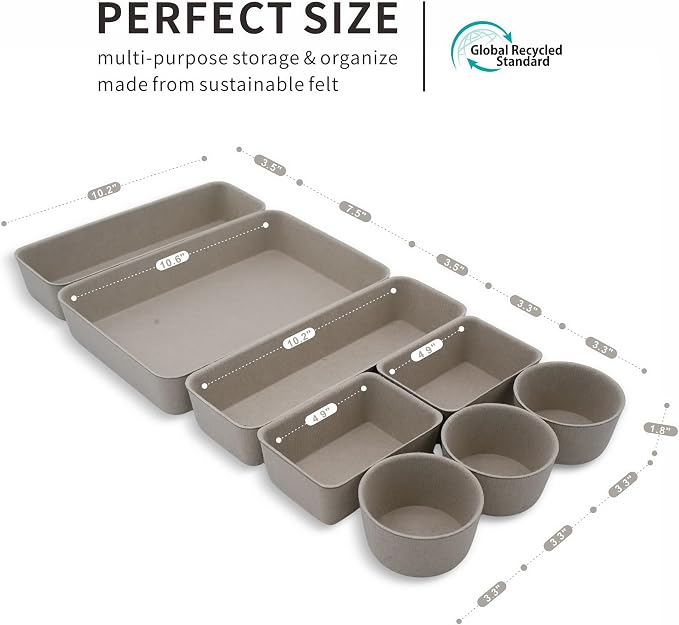 Welaxy 8pc Stone Office Desk Drawer Organizer Tray Felt Shallow Box Divider