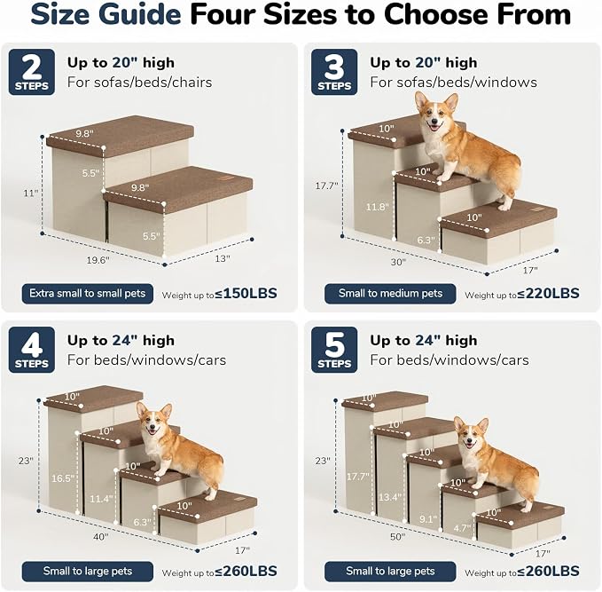 5-Step Wide Dog Stairs with Storage 23" H, Non-Slip Sturdy Pet Steps for High Bed Window, Pet Stairs for Small/Medium/Large Old Dogs Cats Up to 220lbs, Cat Dog Steps for Car, Beige&Brown Lid