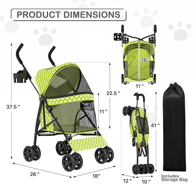 MoNiBloom Pet Stroller for Small/Medium Dogs and Cats, Lawn Green Polka Dots