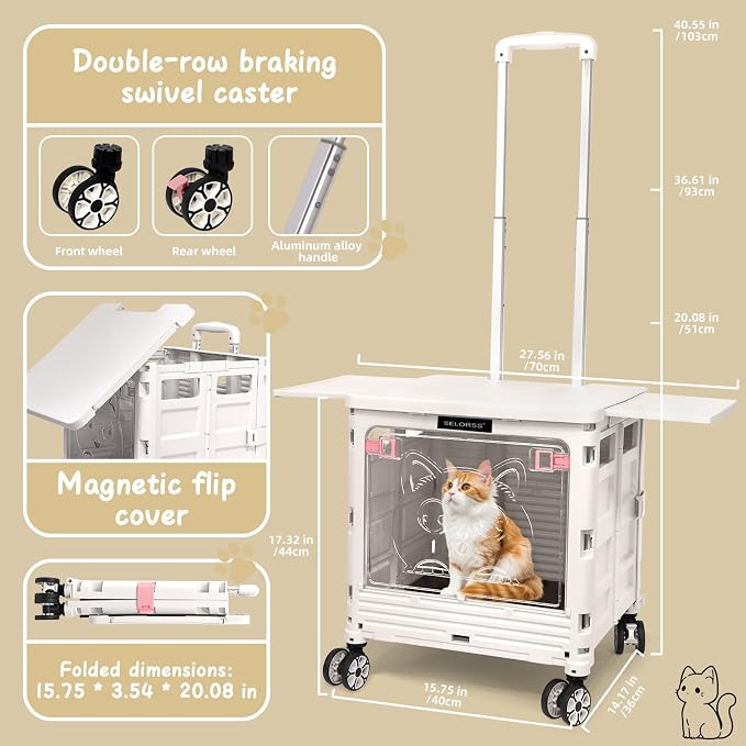 2-in-1 Foldable Shopping Cart & Rolling Pet Carrier, 55L Collapsible Utility Cart with Wheels, Pet Carrier with Telescopic Handle for Cats & Small Dogs, Portable Grocery Cart for Picnic, Travel-Grey