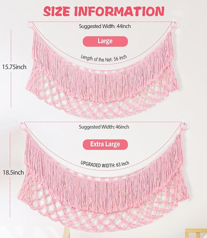 Stuffed Animal Hammock - Extra Large 63'' Long (Light pink) | Premium Cotton Hand-knitted, Beautiful Long Tassel, Storage Hanging Organizer, Can Fit Stuffed Animals 40 Piece or More