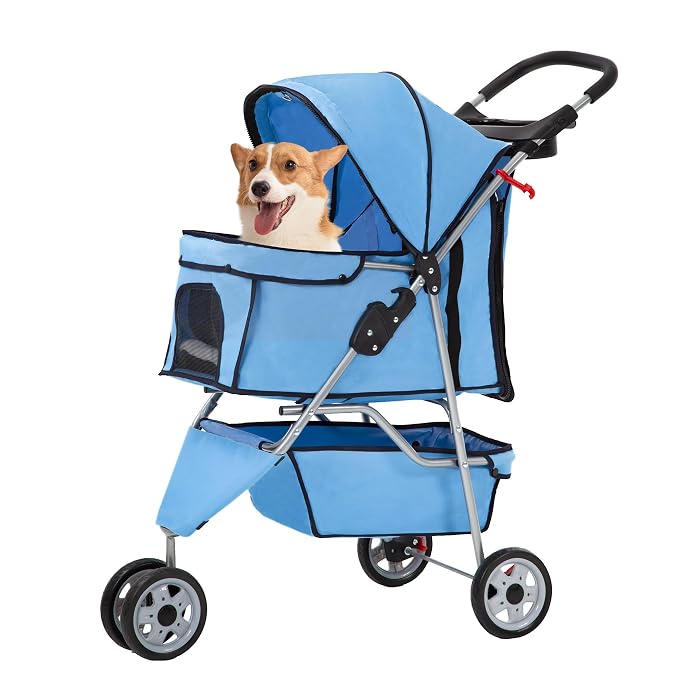 FDW Pet Stroller 3-Wheel Durable Foldable Cat Dog Stroller with Washable Liner Storage Basket Cup Holder,Blue