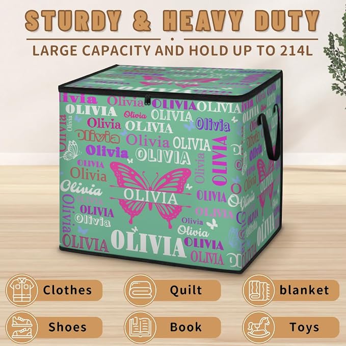 Personalized Storage Bags with Lid Large Blanket Clothes Mint Green Colorful Name Butterflies Organization and Storage Containers for Comforters,Bedding, Foldable Organizer with Reinforced Handle