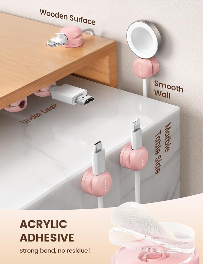 Lamicall 6 Pack Pink Rotatable Spring Cord Organizer Cable Clips | Women Girls Gift Gadget, Adhesive Cable Management for Desk Nightstand Wall, Office Home Dorm Decor, Charger Cord Holder