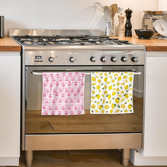 Lemon Kitchen Towels Set of 2 - Lemon Cherry Dish Towels for Kitchen Drying, Absorbent Dish Towels, Cute Fruit Kitchen Decor, Lemons Themed Gifts for Women, Summer Holiday Kitchen Accessories