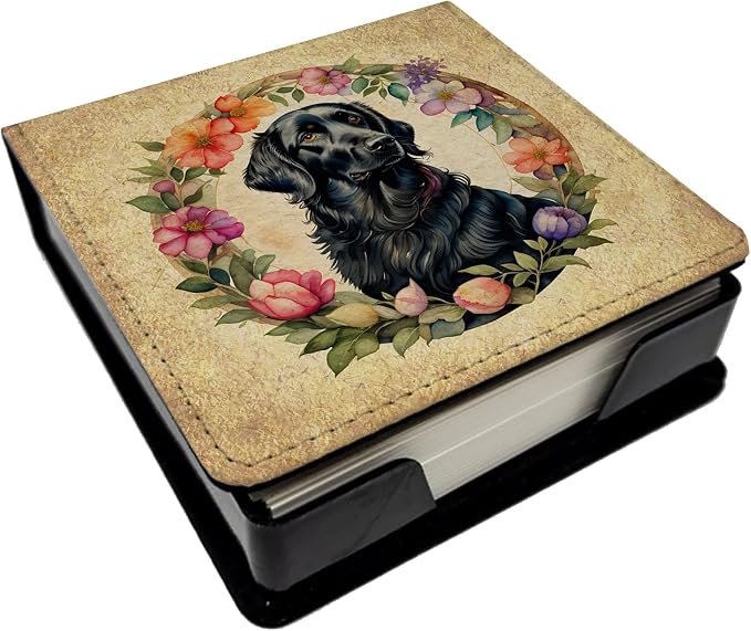 Caroline's Treasures Flat-Coated Retriever and Flowers PU Leather Note Paper Holder with Artist-Designed Cover, Desk Accessory, Office Gift