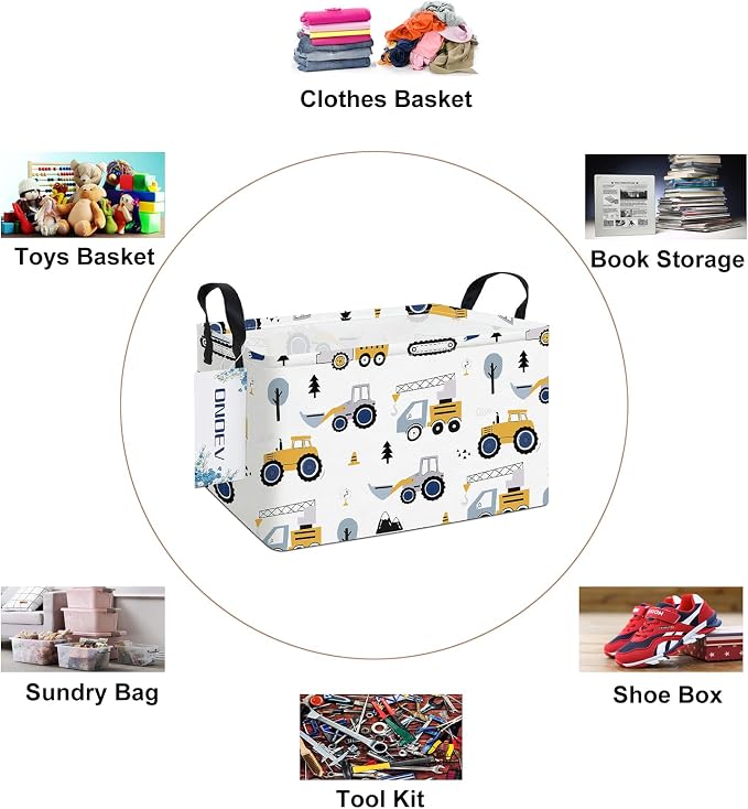 Rectangular Storage Bin, Foldable Construction Truck Excavator Basket | Damp-proof canvas with reinforced stitched handles.Great for clothes,books & sundries in closets,playrooms,laundry rooms.