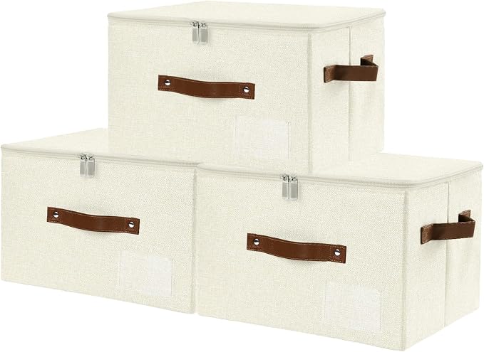 ANMINY Storage Box Fabric Bins with Zipper Lid, 15"x10"x10" Beige 3PCS | Keepsake Box, Decorative, Cotton Linen, Reinforced PP Board Frame, Washable, Stackable & Foldable, Label Holder & PU Handles