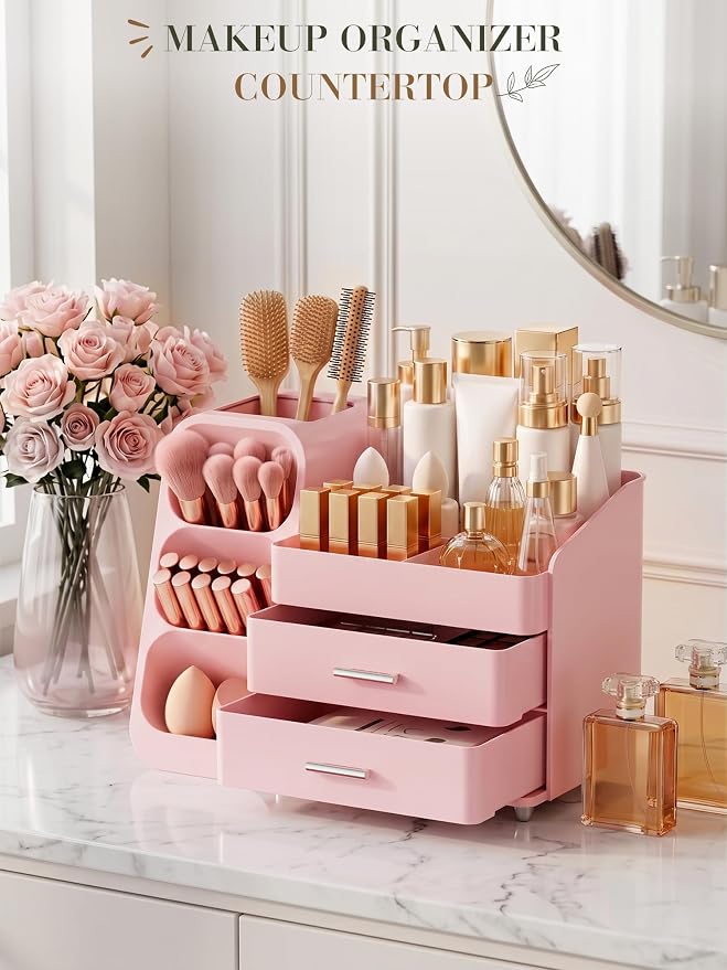 Pink Makeup Organizer with Drawer for Bathroom Countertop Dresser Desk | Large Capacity Make up Organizers for Vanity Counter, Easy To Storage Skincare, Perfume, Brushes, Psticks, Eyeshadow,Palettes