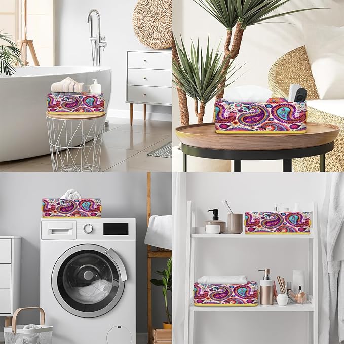 Paisley Folk Style Bathroom Storage Basket, Foldable with Handle Open Countertop Paper Towel Decorative Box, Toilet Tank Top Shelf Baskets for Home Closet Bedroom Living Room Office