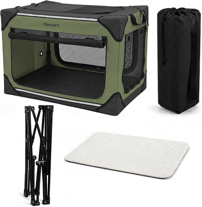 36" L Collapsible Dog Crate for Large Dogs, Soft Pet Crate with 4-Door Mesh, Portable Dog Kennel for Travelling, Green