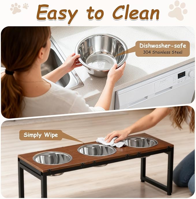 Elevated Dog Bowls Large Breed, Adjustable, 3 Bowl 12.5cup/101oz | 15"/16"/17"/18"/20" Height Fits Giant Dogs Like Great Dane, Stainless Steel Bowls , Iron Holder, Wooden Platform, Grained Oak