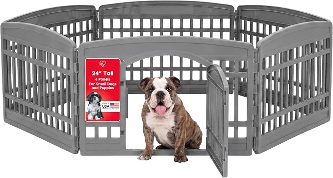 IRIS USA 6-Panel Dog Playpen with Door, Pet Enclosure, Gray | Heavy Duty Plastic, Multiple Pets, Indoor Outdoor, Portable, Foldable Design, Easy Assembly
