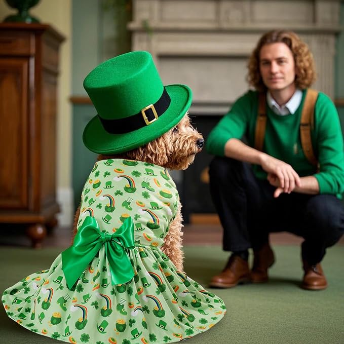 St. Patrick's Day Dog Costume Dress L, Green Clover and Horseshoe Print with Satin Bow, Pet Dress for 11-13 lbs Dogs and Cats, Festive Holiday Clothing