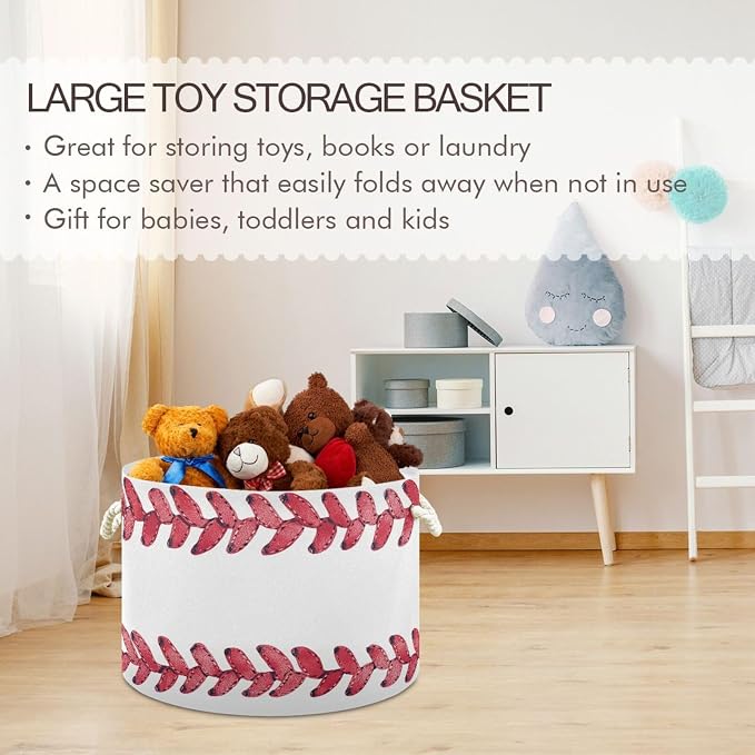 DOMIKING Large Storage Basket for Toys Baseball Line White Storage Bin Box Kids Laundry Hamper for Nursery Clothes Toys Books Home Decor