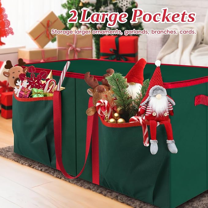 SeasonBliss Christmas Ornament Storage Box, Large Holds 128 Balls, Green | Christmas Decoration Organizer, Sturdy Storage Bin, Adjustable Dividers, Holiday Ornaments Protection, With Zippers Handles