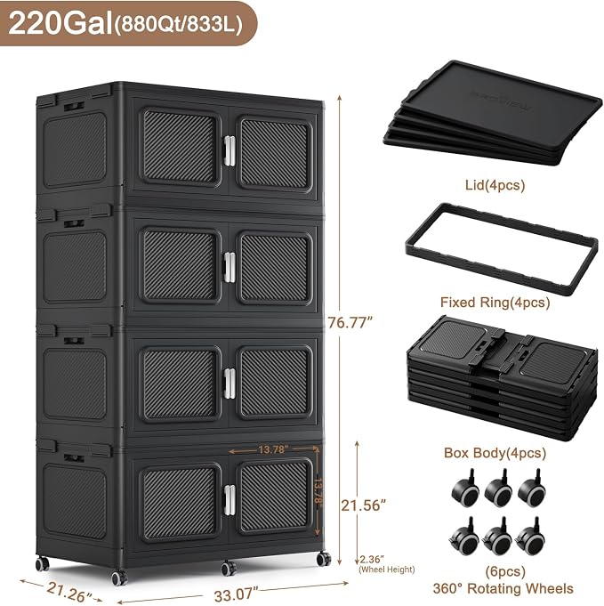 BROVIEW 880 Qt Extra Large Stackable Storage Bin with Lids, 4 Pack Black | 220Gal Extra Large, Collapsible Storage Boxes with 4 Lids, Folding& Rolling Plastic Drawer, Heavy-Duty Cabinet Organization