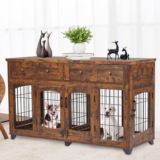 GarveeHome Large Dog Crate Furniture with 2 Drawers and Removable Divider | Detachable divider, dual storage drawers, heavy duty wood frame for two pet dogs indoor