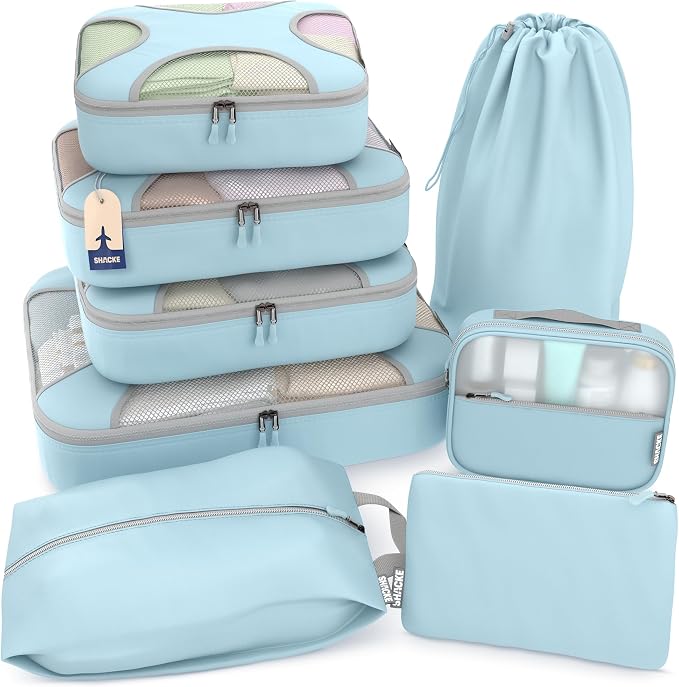 Shacke 8 Set Packing Cubes for Travel, Shoe & Toiletry Bags (Sky Blue) | Complete Suitcase Organizer Bags Set: 4 Luggage Packing Cubes + Laundry, Shoe, Toiletry & Accessories Bags for Any Trip