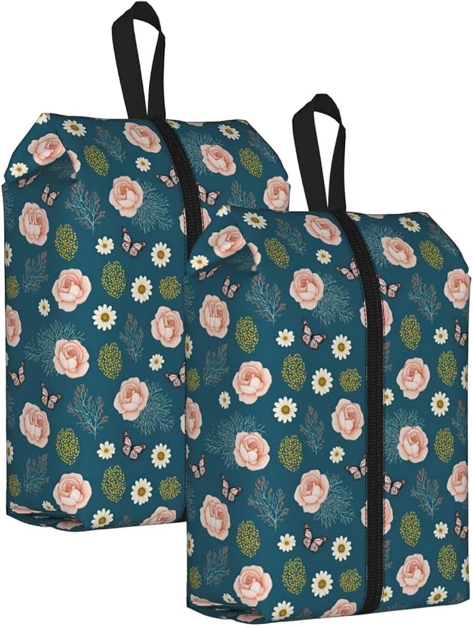 Vintage Romantic Rose & Daisy Travel Shoe Bag for Men & Women, Waterproof Shoe Storage Organizer with Zipper, Portable Shoe Pouch for Sneakers, Heels, Sandals, Gym & Travel Luggage 2PCS