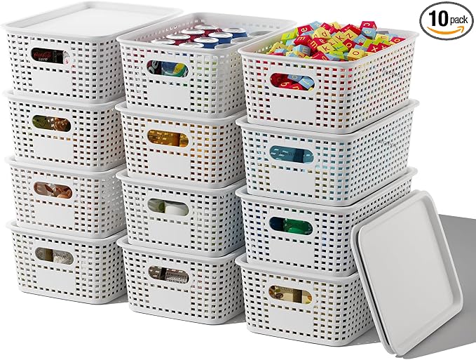 ORGIDOL Plastic Storage Basket with Lids 12 Pack Stackable Storage Bins Containers with Lid, Decorative Storage Boxes for Organizing Shelves, Drawers, Playroom, Classroom, Office, Closet, White