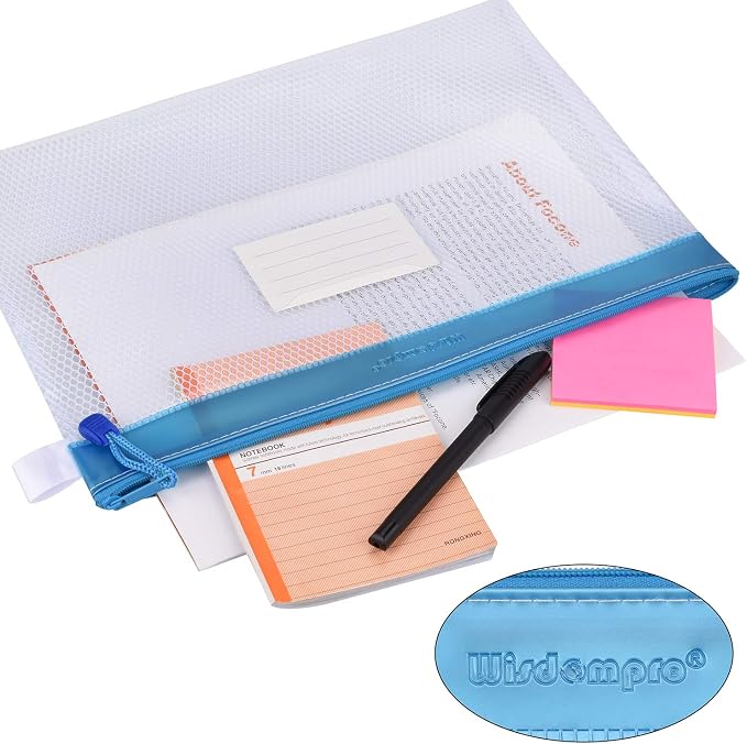 Wisdompro Zipper Pouch, 4 Pack Waterproof Mesh File Bag, Document Organizer | 13.3x9.8", Letter Size Mesh Bag with Outer Label Pocket, Durable, Perfect for File, Paper, Pen, Office, School, Home, Blue