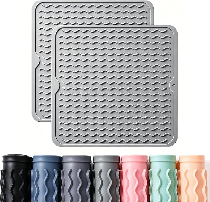 2 Pack Caketime Silicone Dish Drying Mat for Kitchen Counter Heat Resistant Quick Dry Pads Hot Dishes Waterproof with Under Sink Rack Soap Holder Coffee Accessories Women Gifts 12"x12" Light Gray