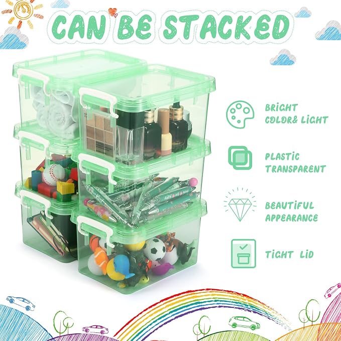 6 Pack Colorful Plastic Storage Bins with Lids 4 Quart Small Storage Latch Box Stackable and Nestable Clear Organizer Bins with Latching Handle and Buckle for Organizing(Green)