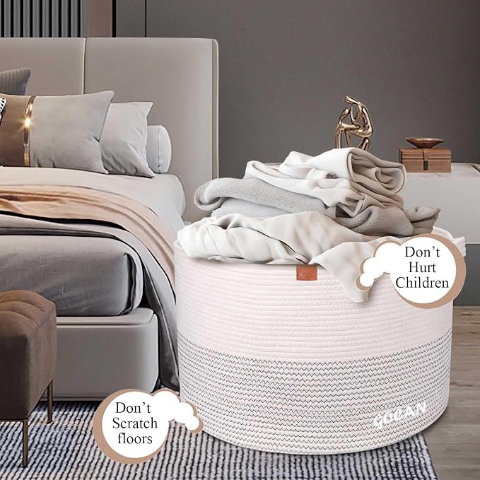 Cotton Rope Woven Laundry Basket 22"X 22"X 14" with handles(Beige) XXXL | Hand-woven, ideal for storing blankets and cushions in the living room, and clothes for household storage.