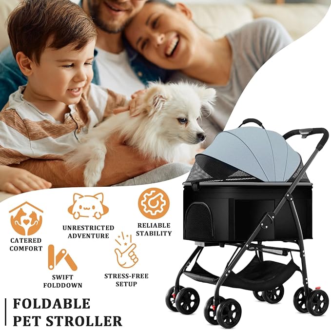 3 in 1 Pet Stroller for Dogs Cats Foldable Jogger with Detachable Carrier