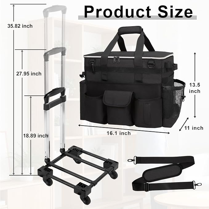 Large Rolling Cleaning Caddy with Wheels, Cleaning Supplies Organizer | With Detachable Trolley, Water-resistant Cleaner Cart for Housekeepers, Multi Pocket Cleaning Cart with Strap, Black