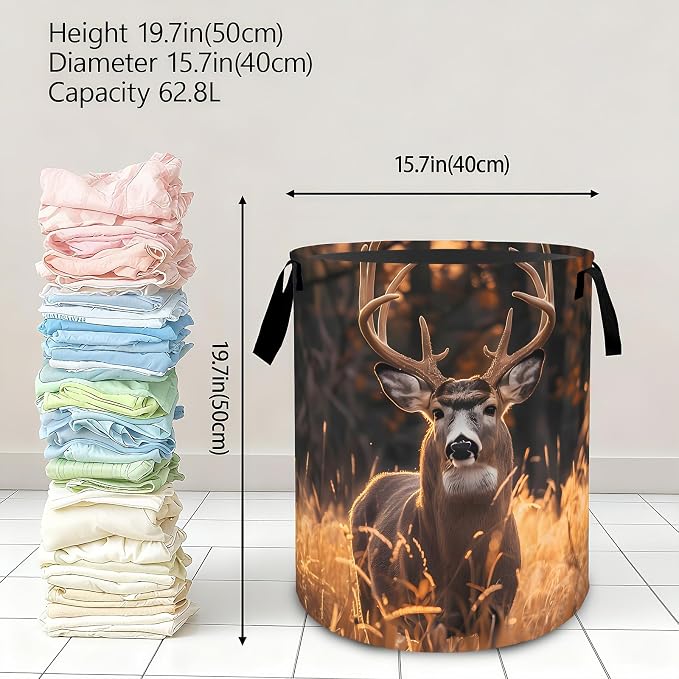 Autumn Deer Forest Laundry Basket,Rustic Dirty Clothes Hamper,Fall Wildlife and Woodland Storage Bin Gifts,Waterproof Oxford Cloth Baskets for Bathroom,Bedroom,Home Decoration(19.7" x 15.7")