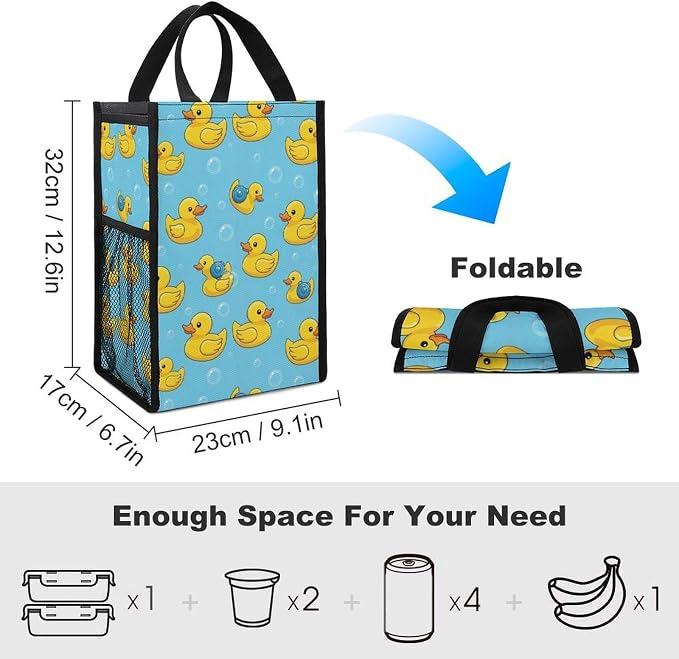Insulated Lunch Bag Compatible with Cute Funny Blue Bubbles Yellow Rubber Ducks, Reusable Thermal Lunchbox Totes with Pocket Portable Lunch Organizer Cooler Bags